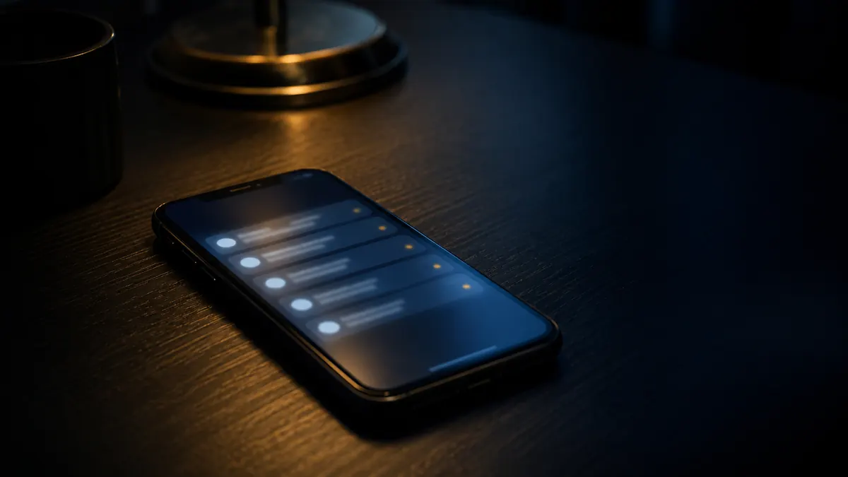 Teléfono con notificaciones sin leer sobre una mesa oscura